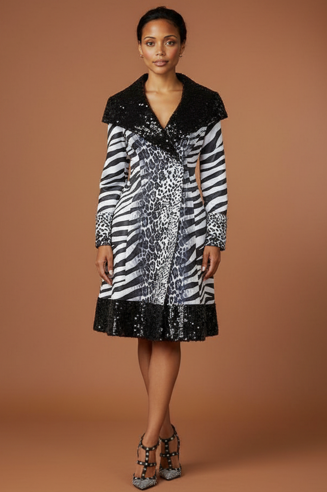 Black Sequin Animal Print Coat Dress