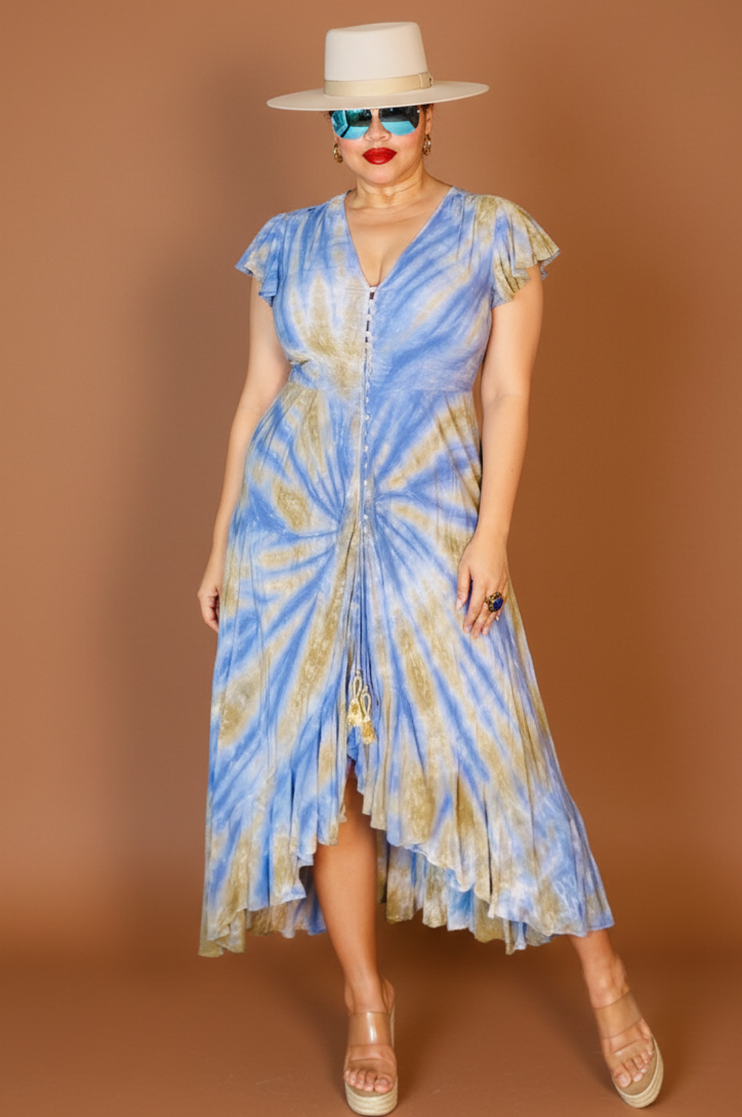 Blue Light Brown Print High Low Dress