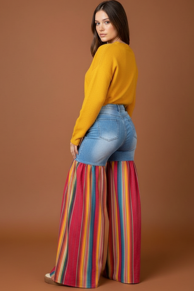 Distressed Light Denim Red Multi Color Palazzo Wide Leg Jeans