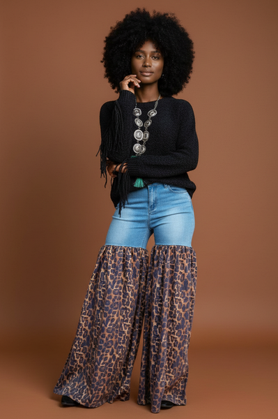 Distressed Light Denim Animal Print Palazzo Wide Leg Jeans