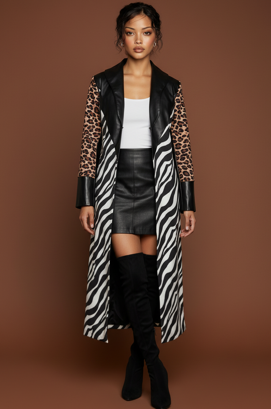Faux Leather Animal Print Duster Jacket