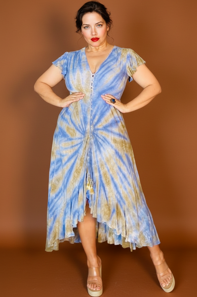 Blue Light Brown Print High Low Dress