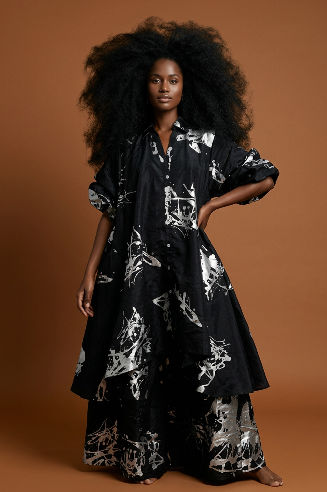 Black Silver Print One Size Two Piece Set
