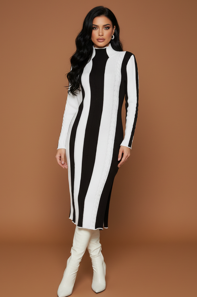 Black White Mid Length Knit Dress
