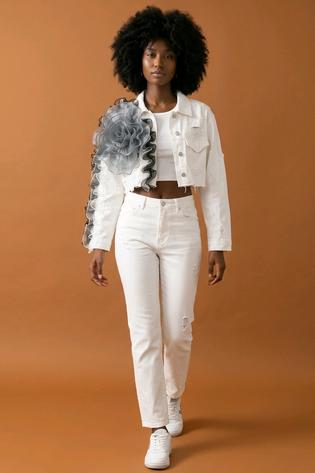White Floral Fusion Cropped Jacket