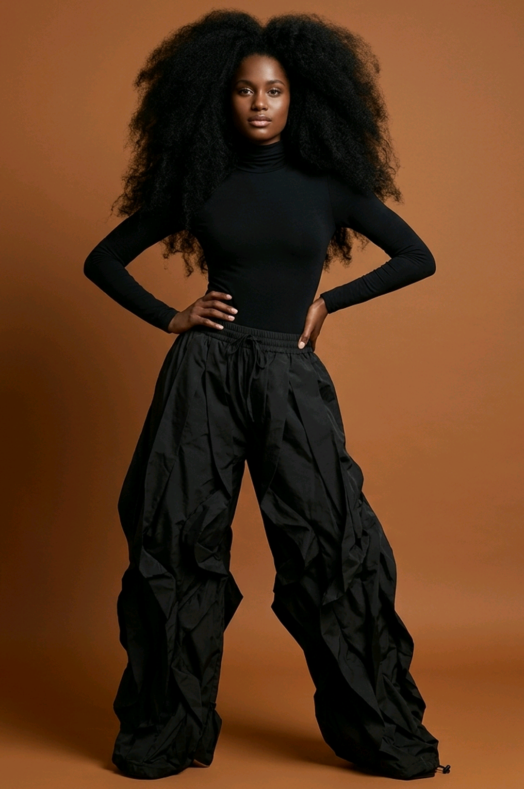 Black Parachute Ruffle Detail Drawstring Pants