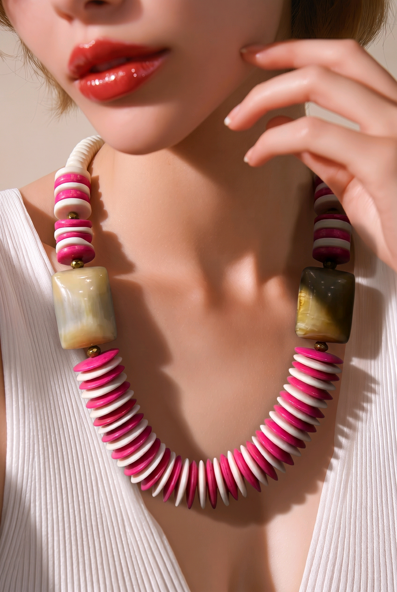 Pink White Round Bead Necklace