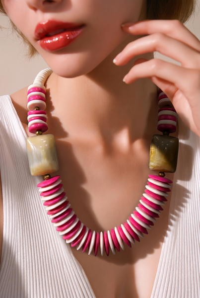 Pink White Round Bead Necklace