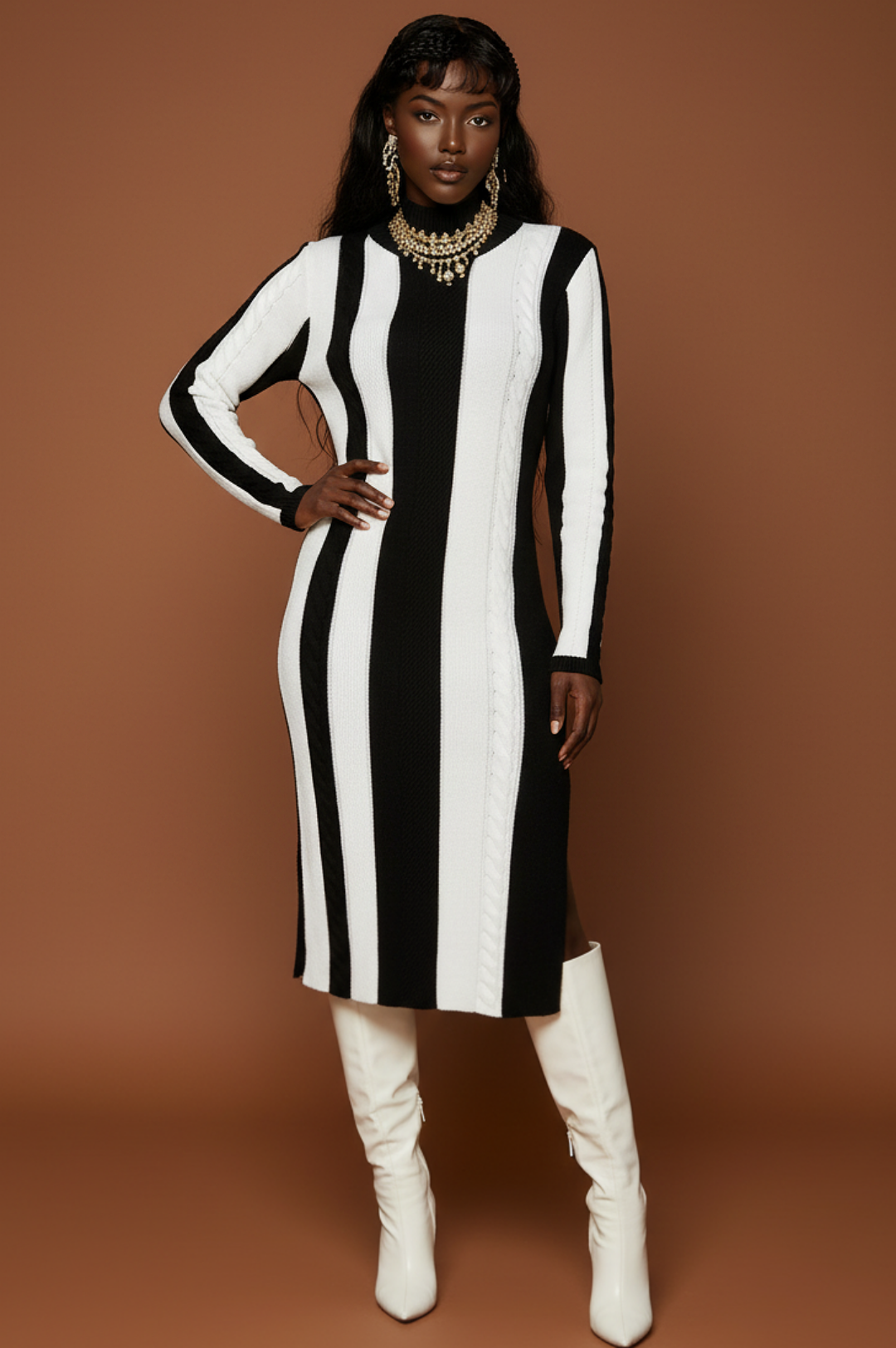 Black White Mid Length Knit Dress