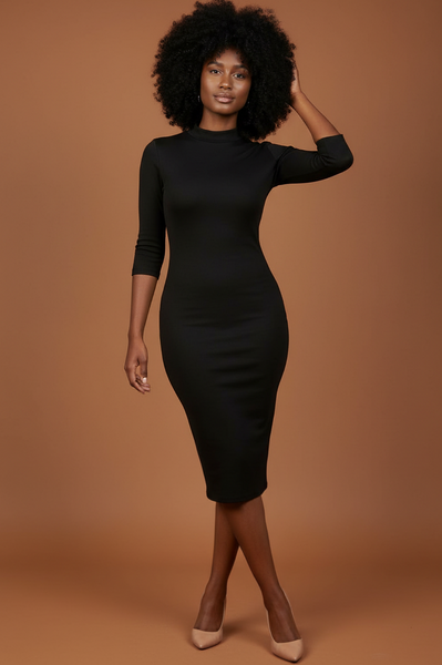 Black Mock Neck Form Fitted Dress Dress