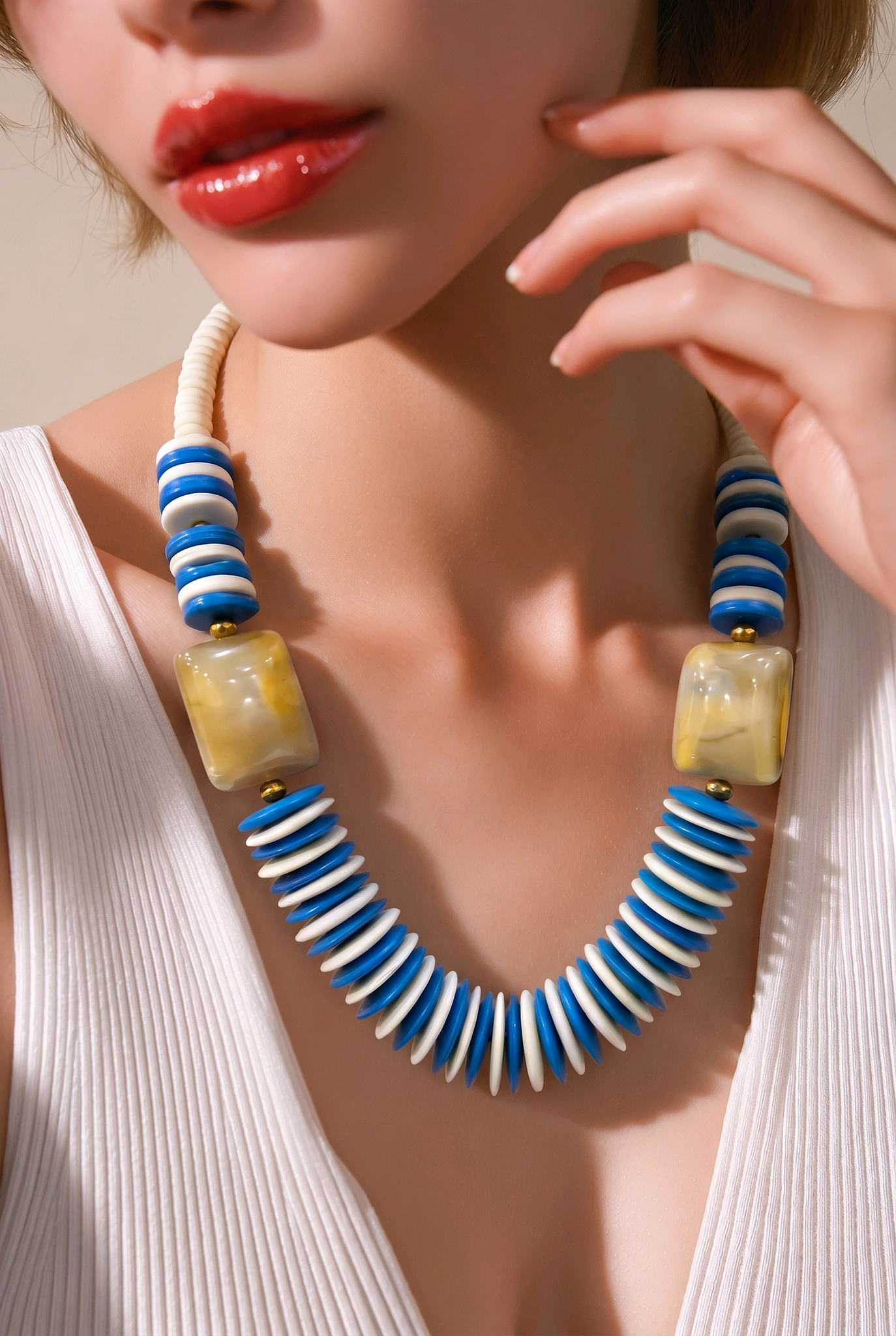 Blue White Round Bead Necklace
