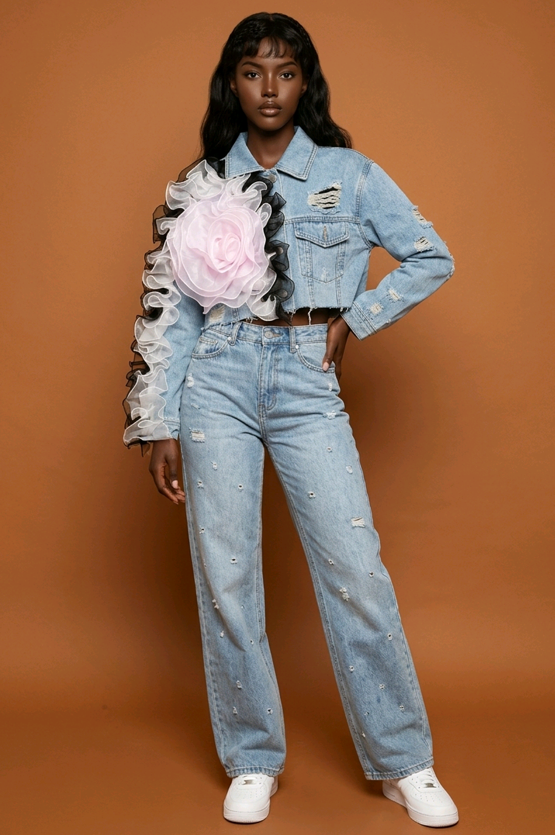 Denim Floral Fusion Cropped Jacket
