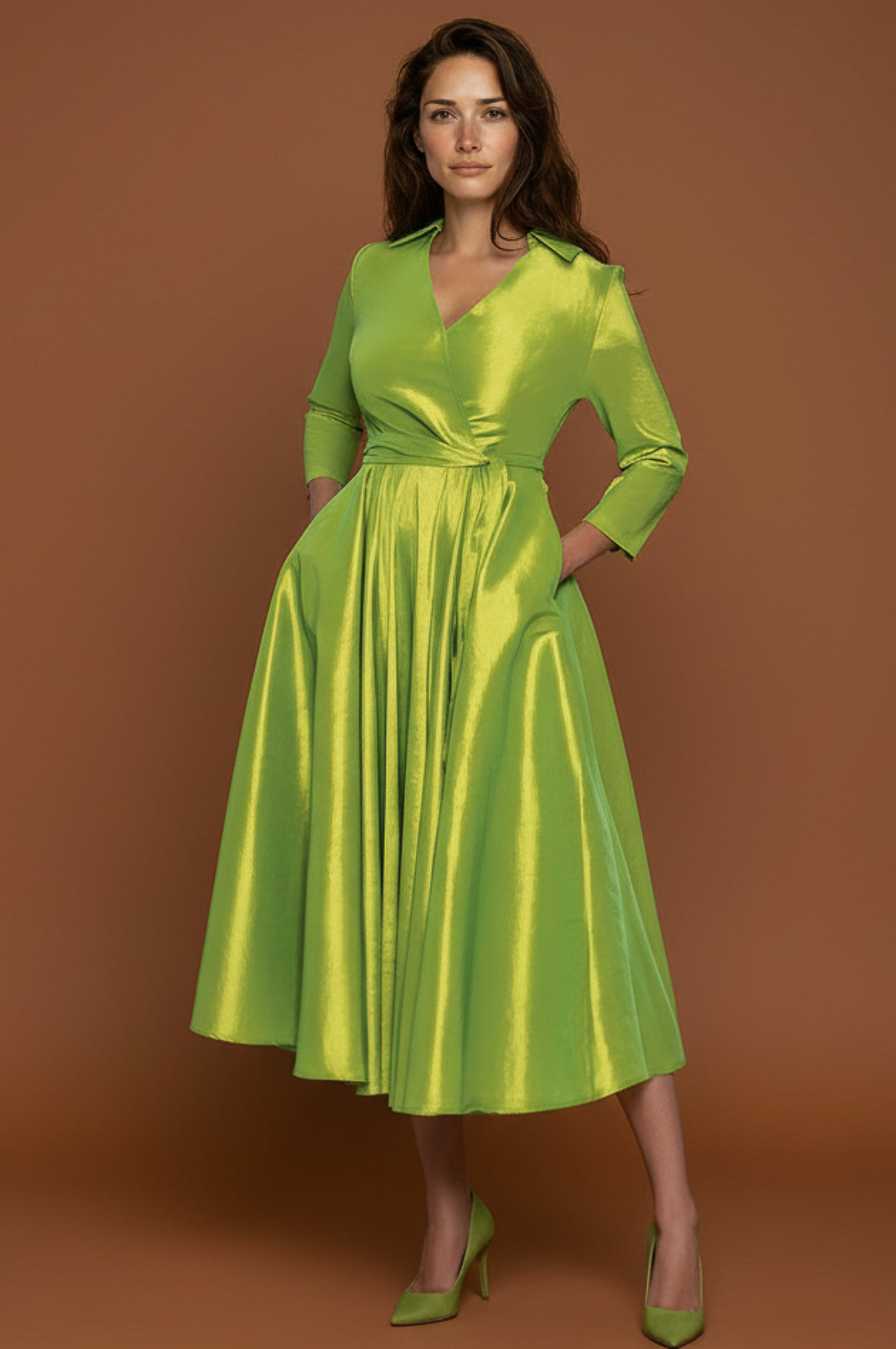Green Classic Style Faux Wrap Dress