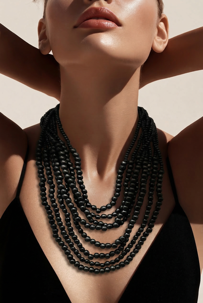 Black Red Bead Multi Strand  Necklace