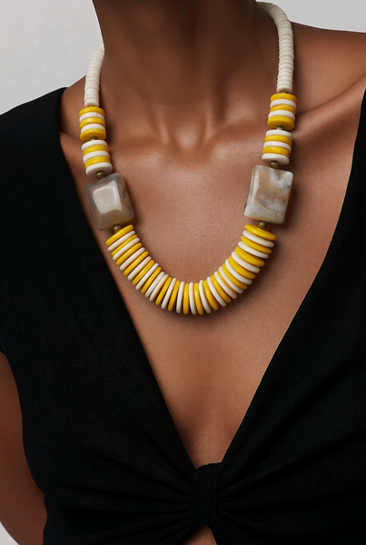 Yellow White Round Bead Necklace