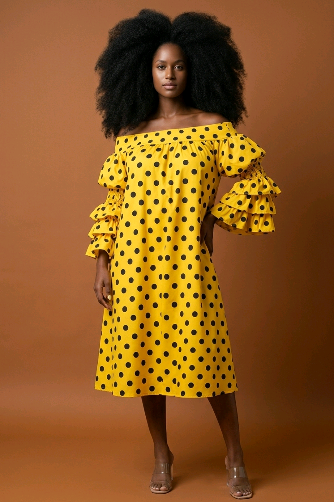 Yellow Black Polka Dot Off Shoulder Style Dress