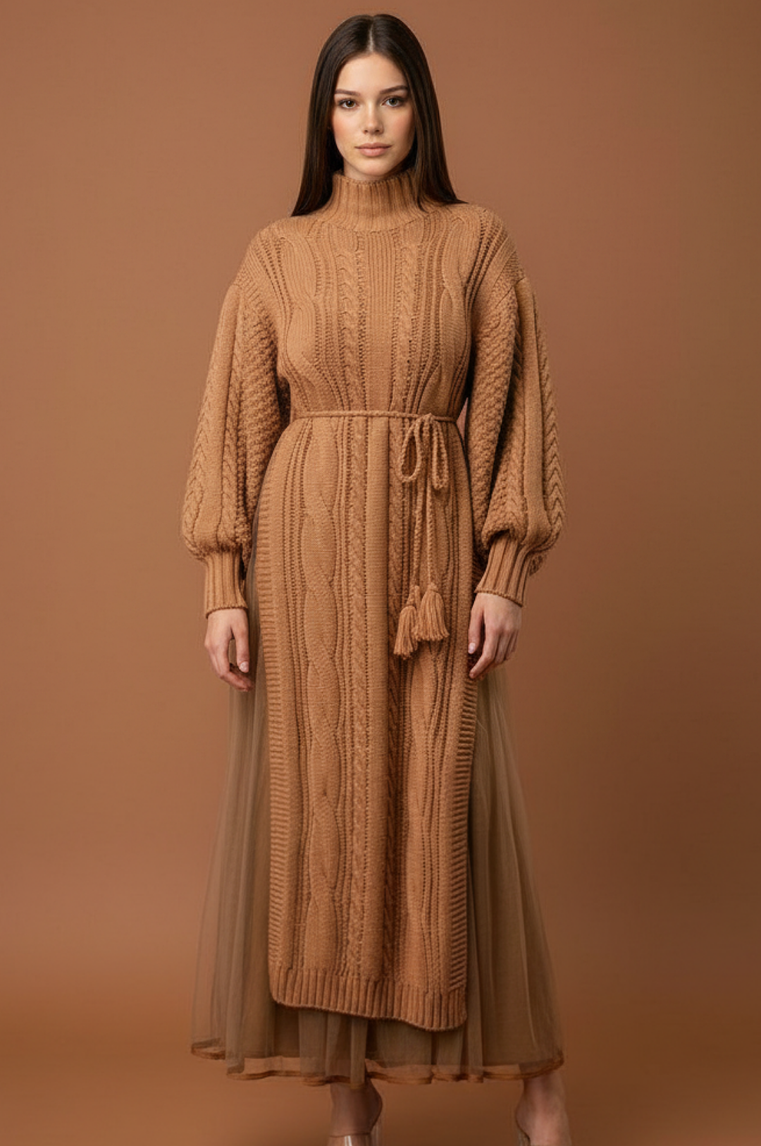 Light Brown Knit Tulle Two Piece Skirt Set