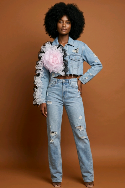 Denim Floral Fusion Cropped Jacket