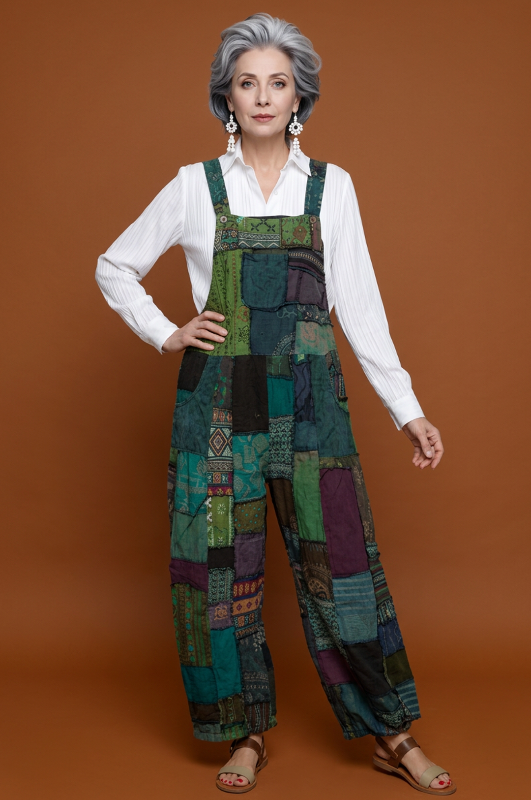 Green Multi Color Patchwork Jumpsuit Overalls