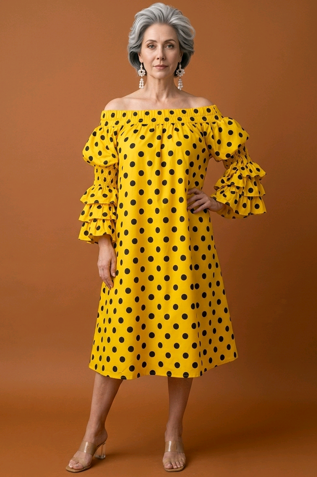 Yellow Black Polka Dot Off Shoulder Style Dress