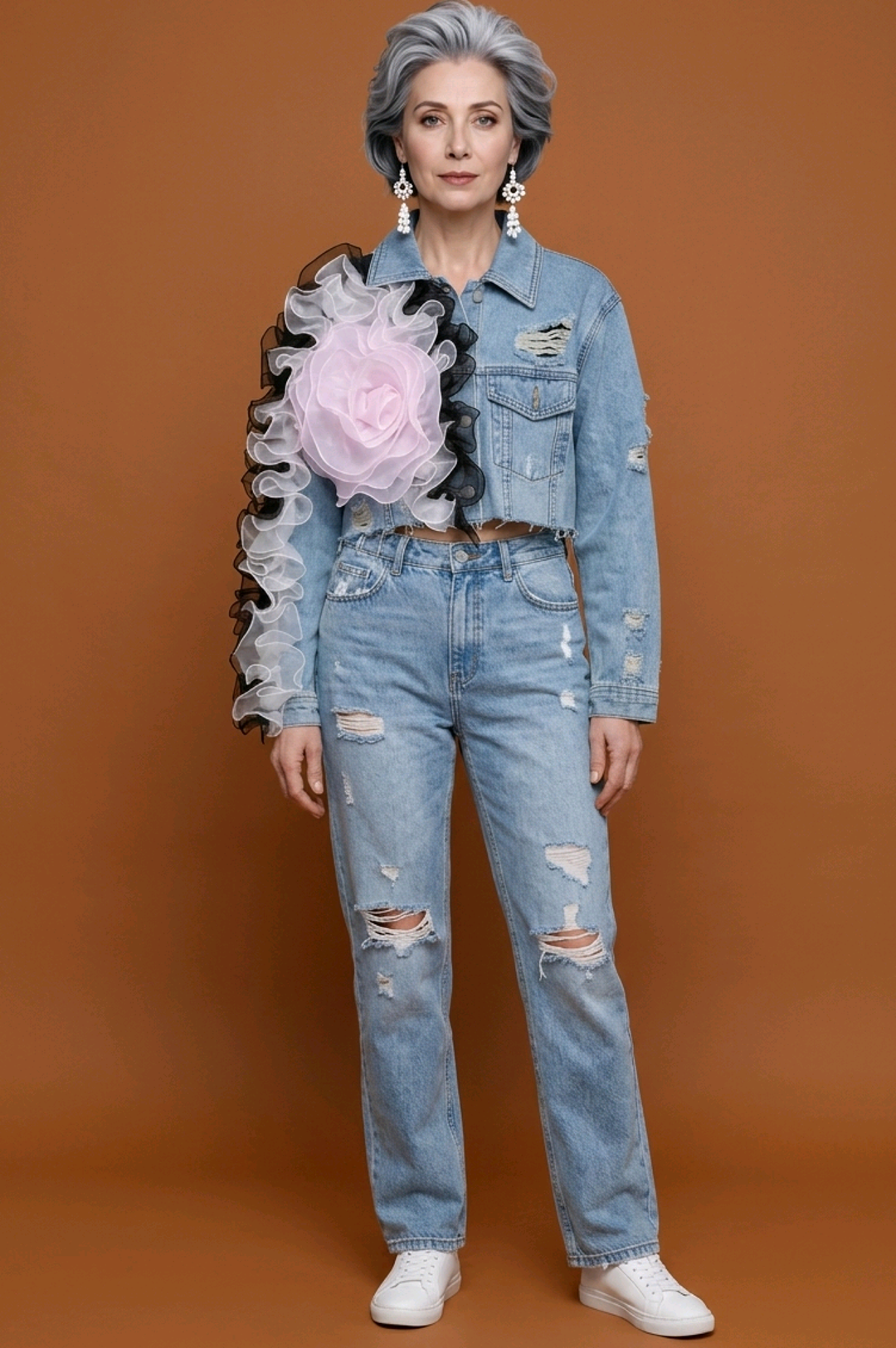 Denim Floral Fusion Cropped Jacket