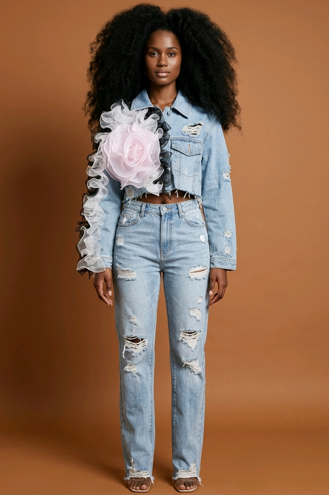 Denim Floral Fusion Cropped Jacket