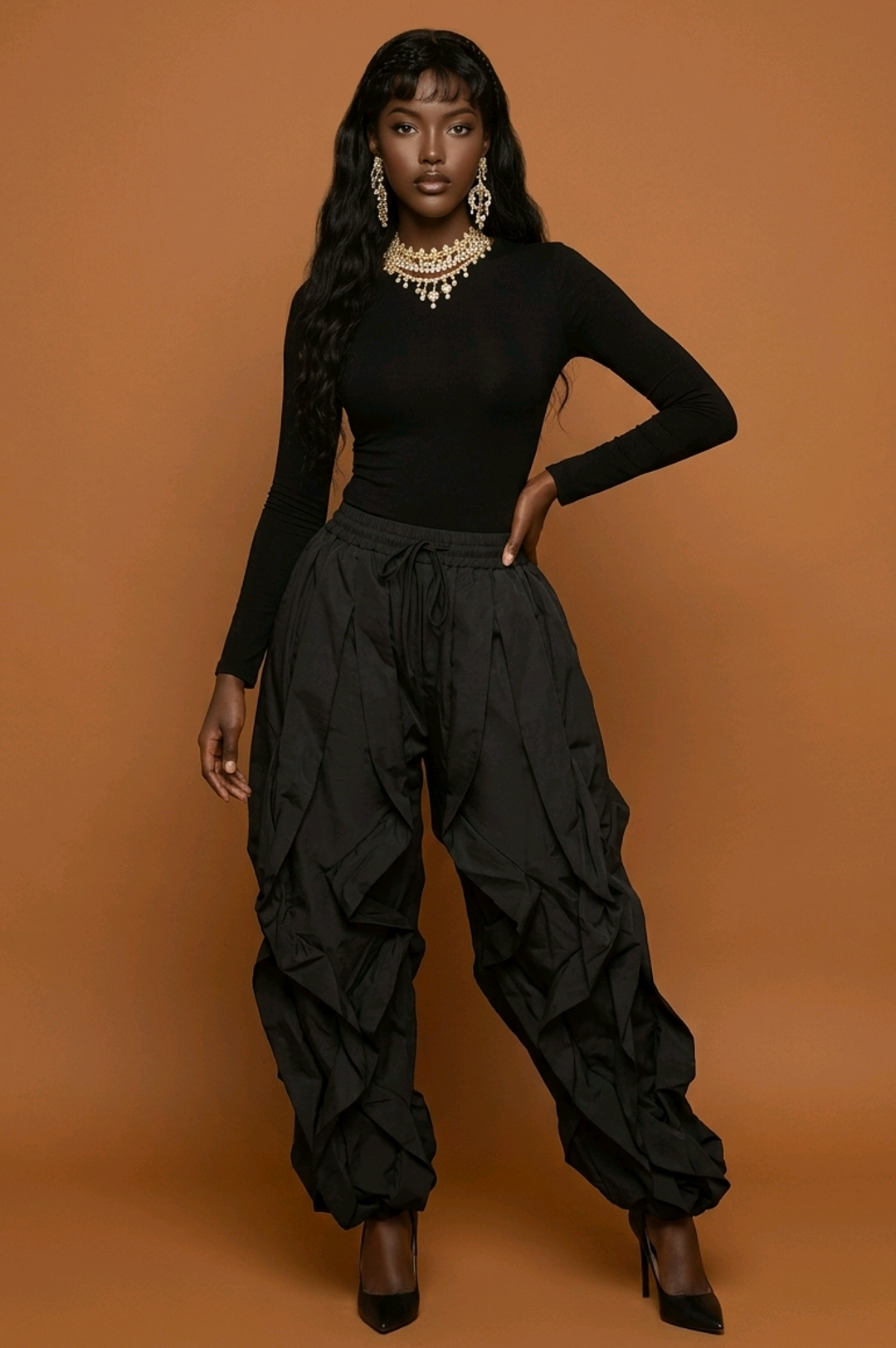 Black Parachute Ruffle Detail Drawstring Pants