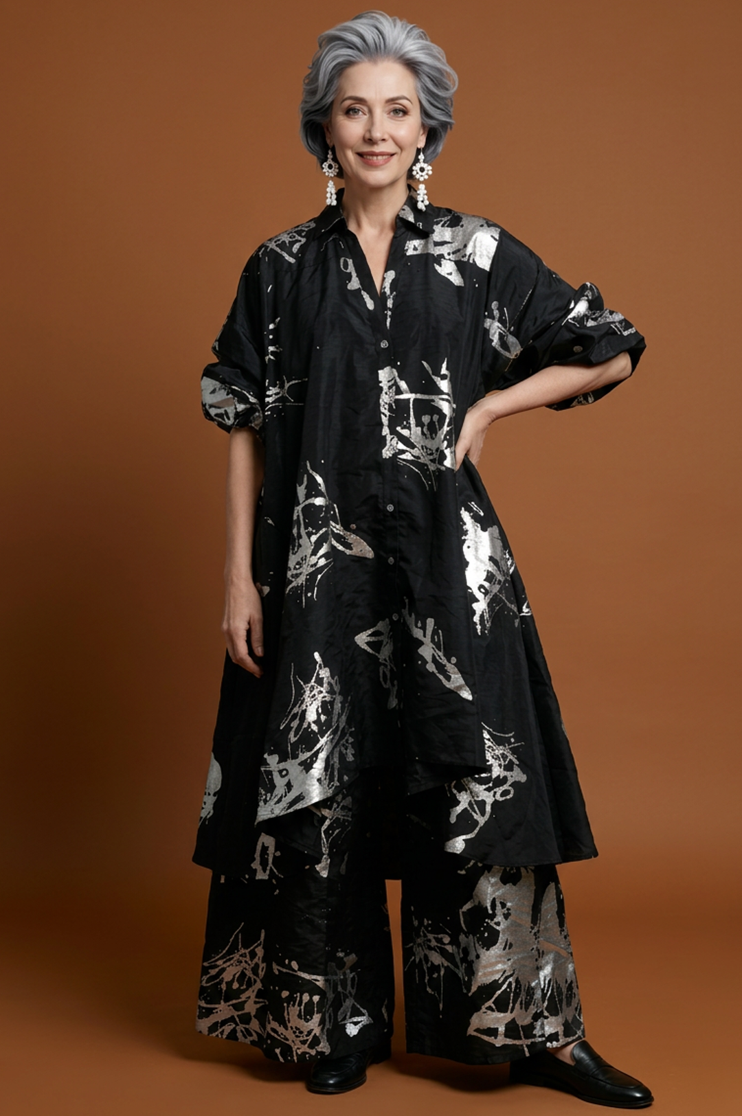 Black Silver Print One Size Two Piece Set