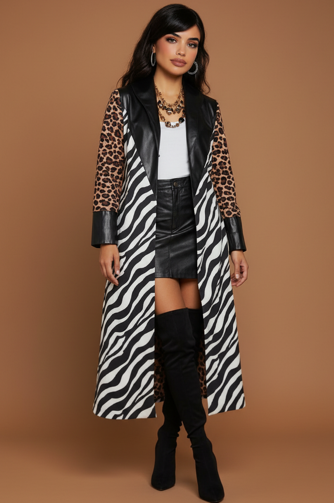 Faux Leather Animal Print Duster Jacket