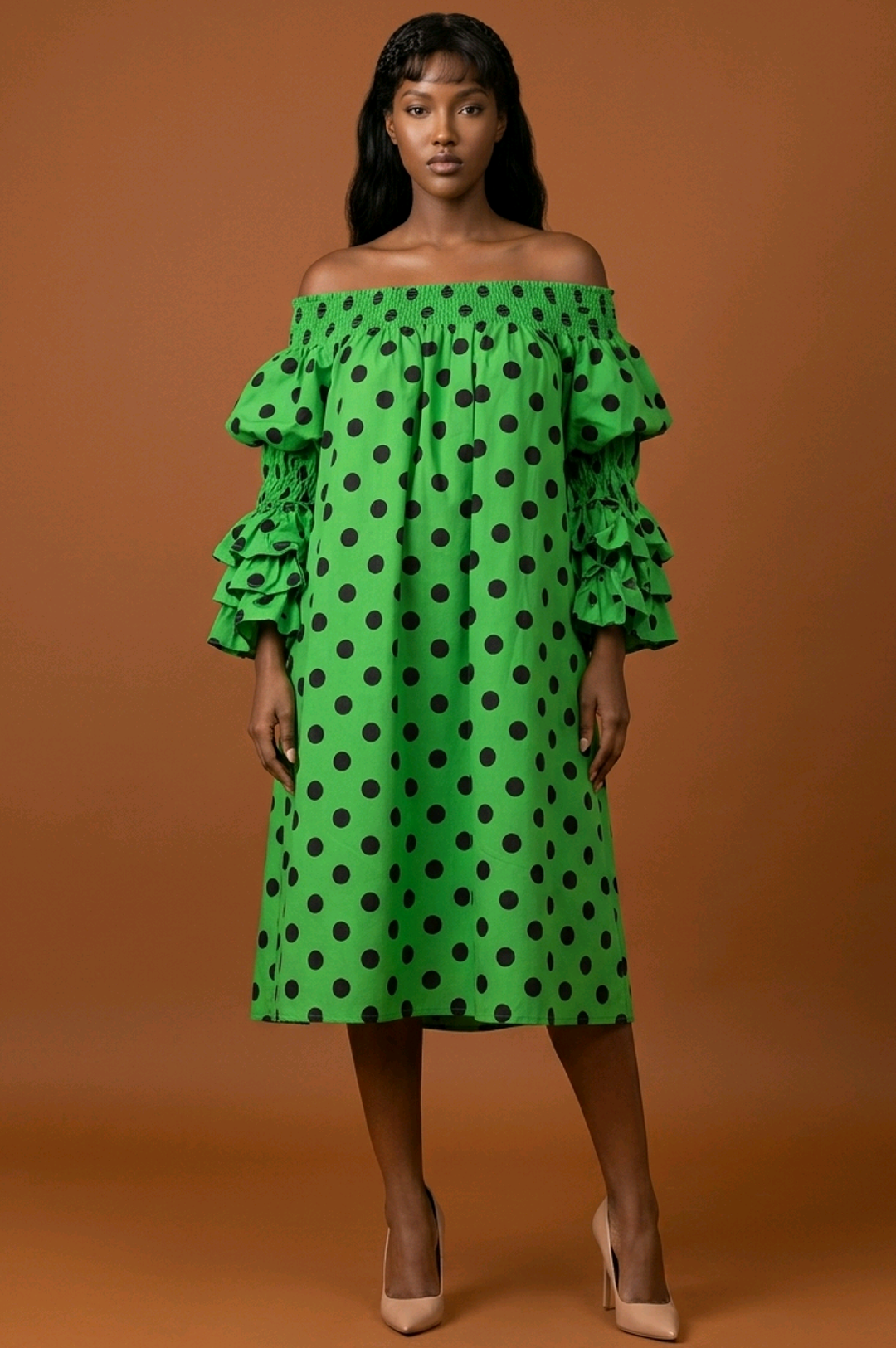 Green Black Polka Dot Off Shoulder Style Dress