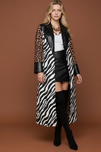 Faux Leather Animal Print Duster Jacket
