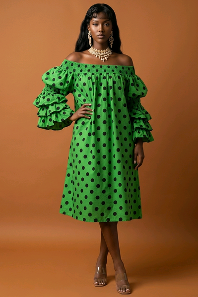 Green Black Polka Dot Off Shoulder Style Dress
