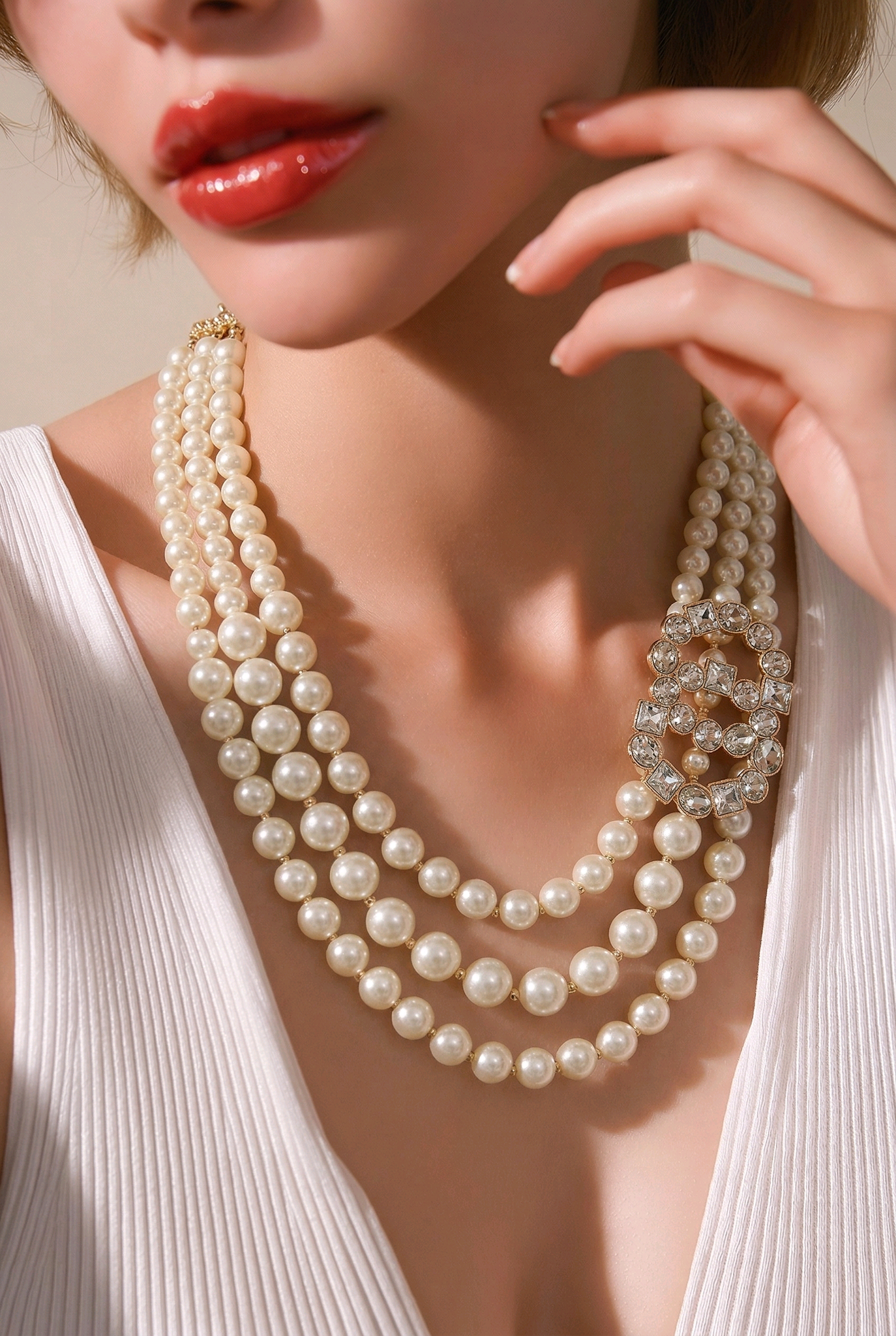 Ivory Color Multi Strand Pearl Necklace