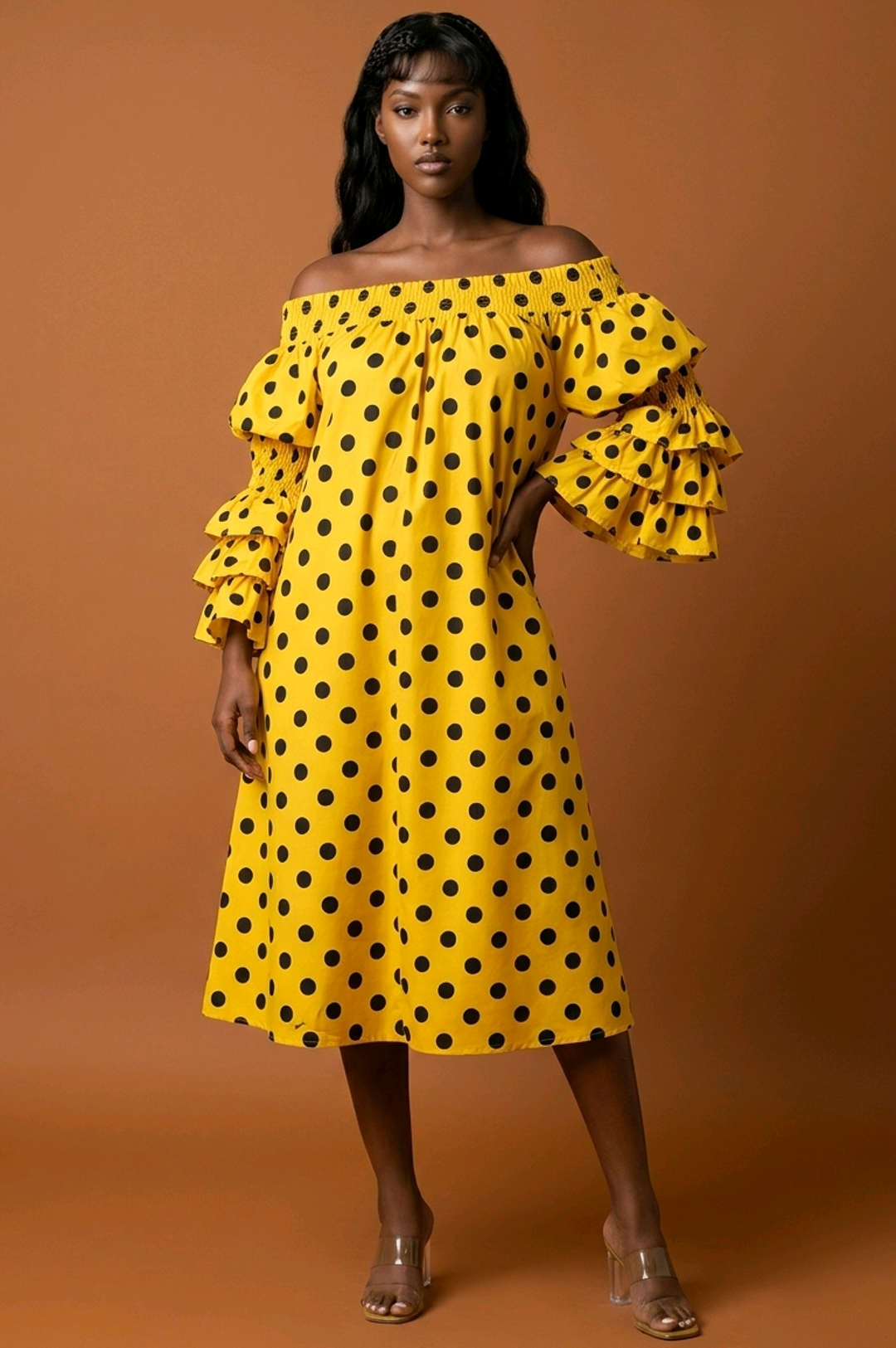 Yellow Black Polka Dot Off Shoulder Style Dress