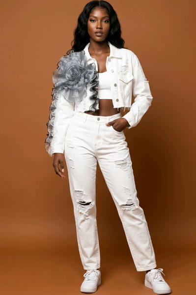 White Floral Fusion Cropped Jacket