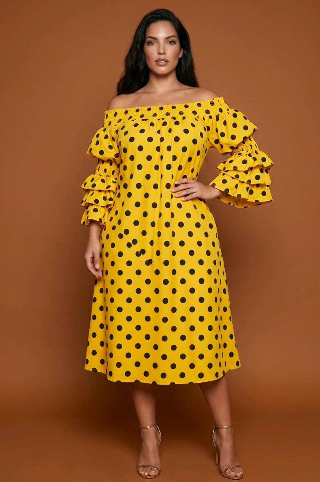 Yellow Black Polka Dot Off Shoulder Style Dress