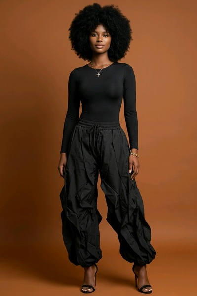 Black Parachute Ruffle Detail Drawstring Pants
