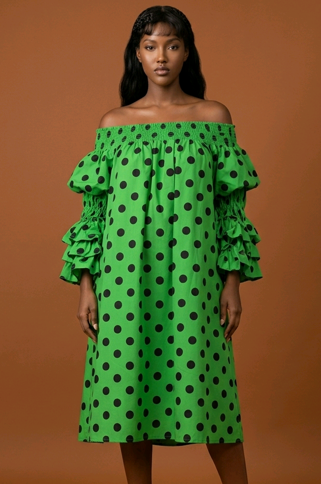 Green Black Polka Dot Off Shoulder Style Dress