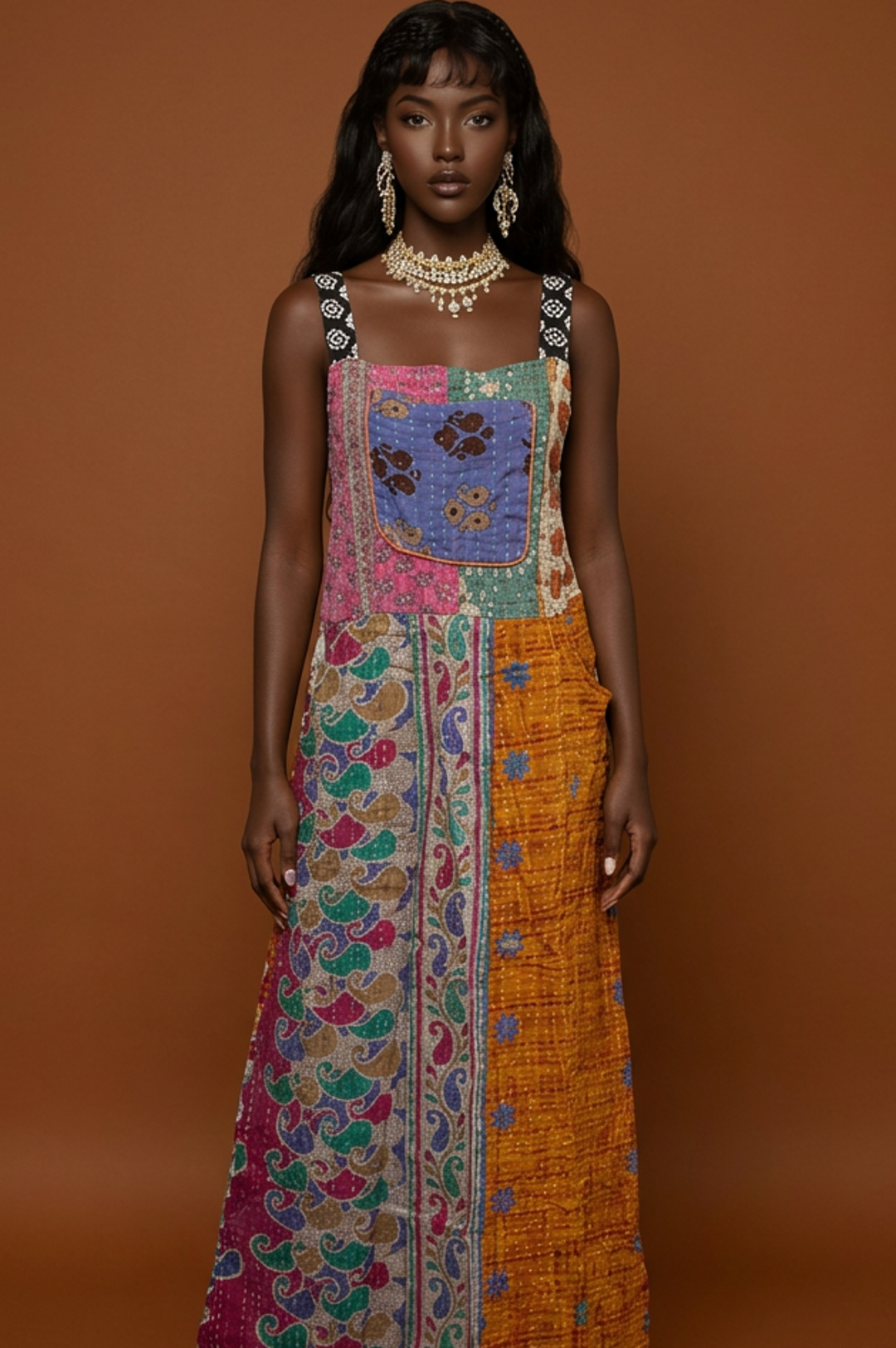 Plus Size Multi Color Patchwork Long Maxi Dress