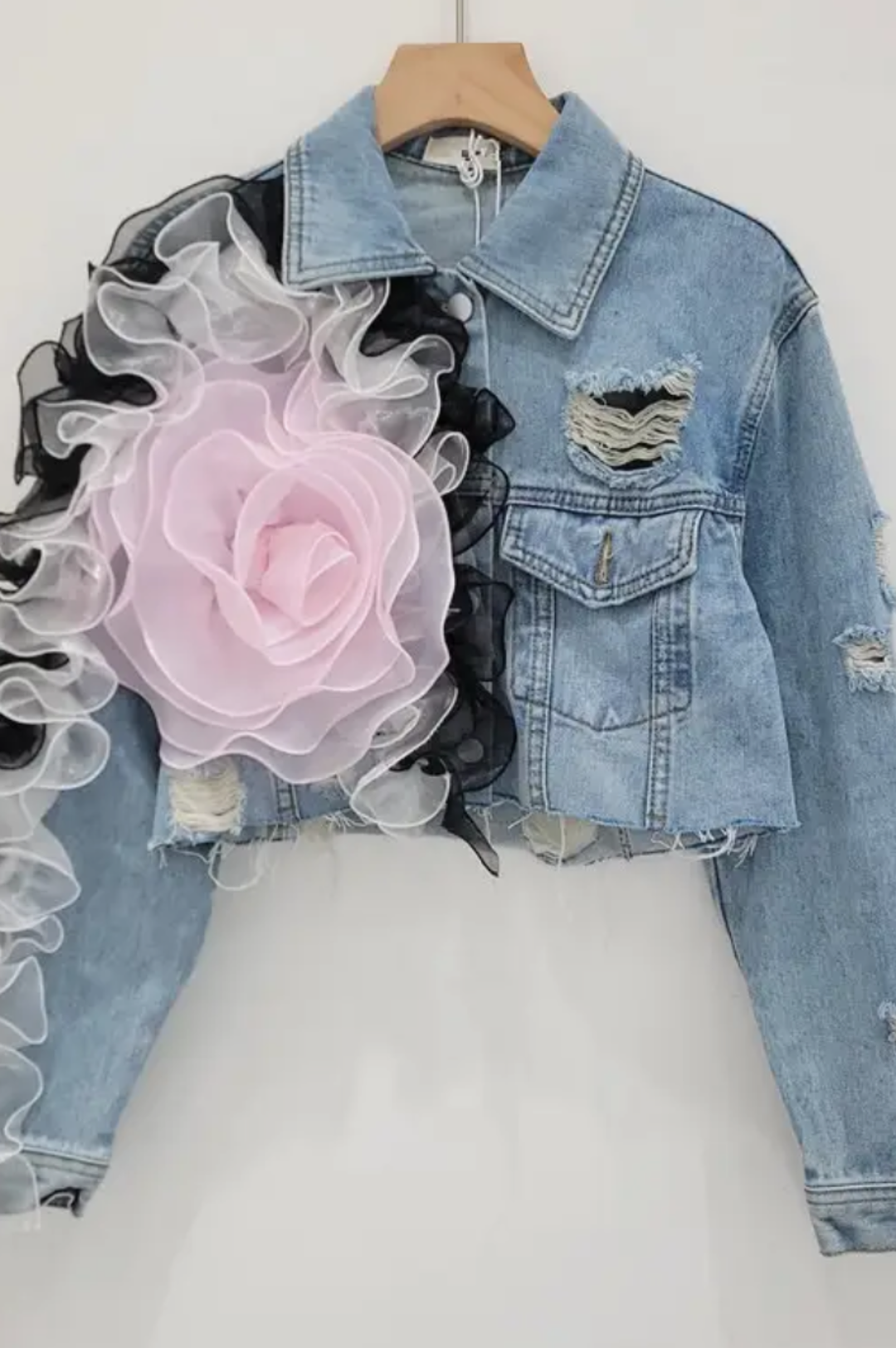 Denim Floral Fusion Cropped Jacket