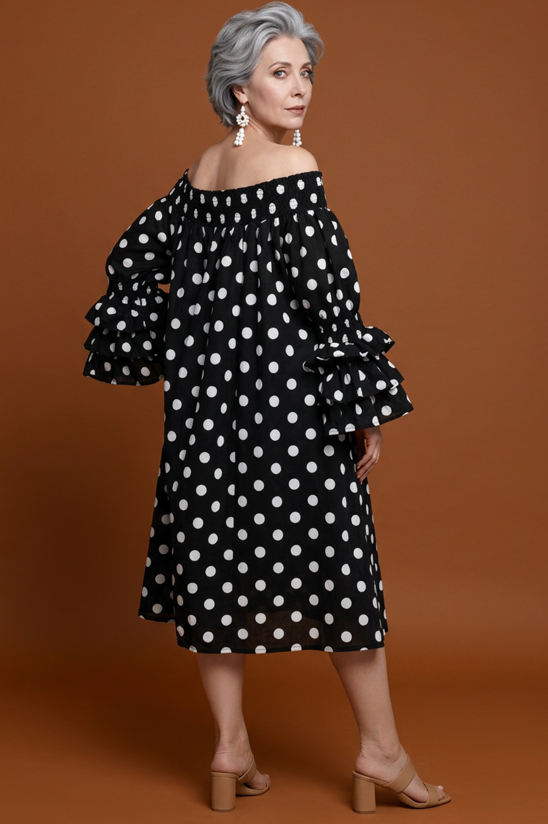 black and white polka dot off the shoulder dress Black and White Polka Dot Maxi