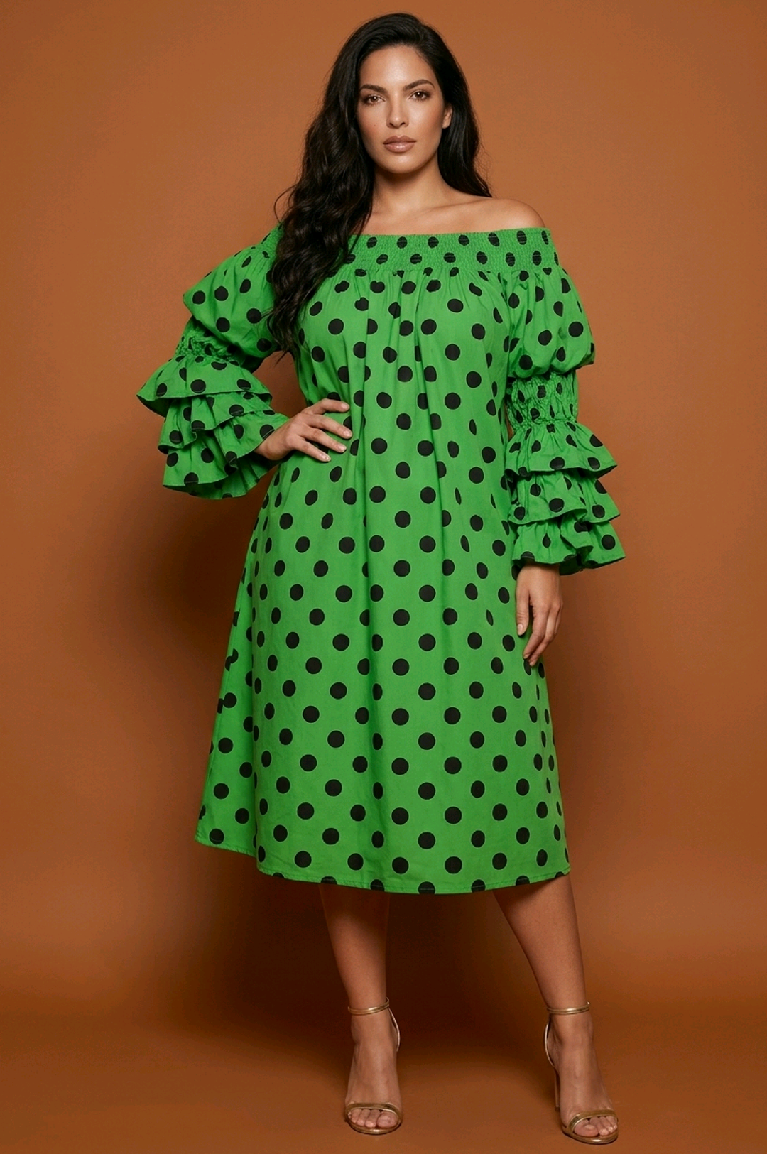 Green Black Polka Dot Off Shoulder Style Dress