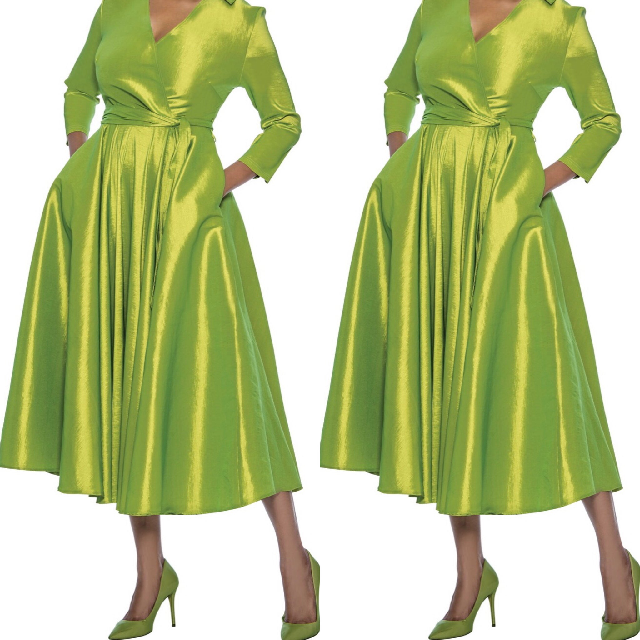 Green Classic Style Faux Wrap Dress (7563548786862)