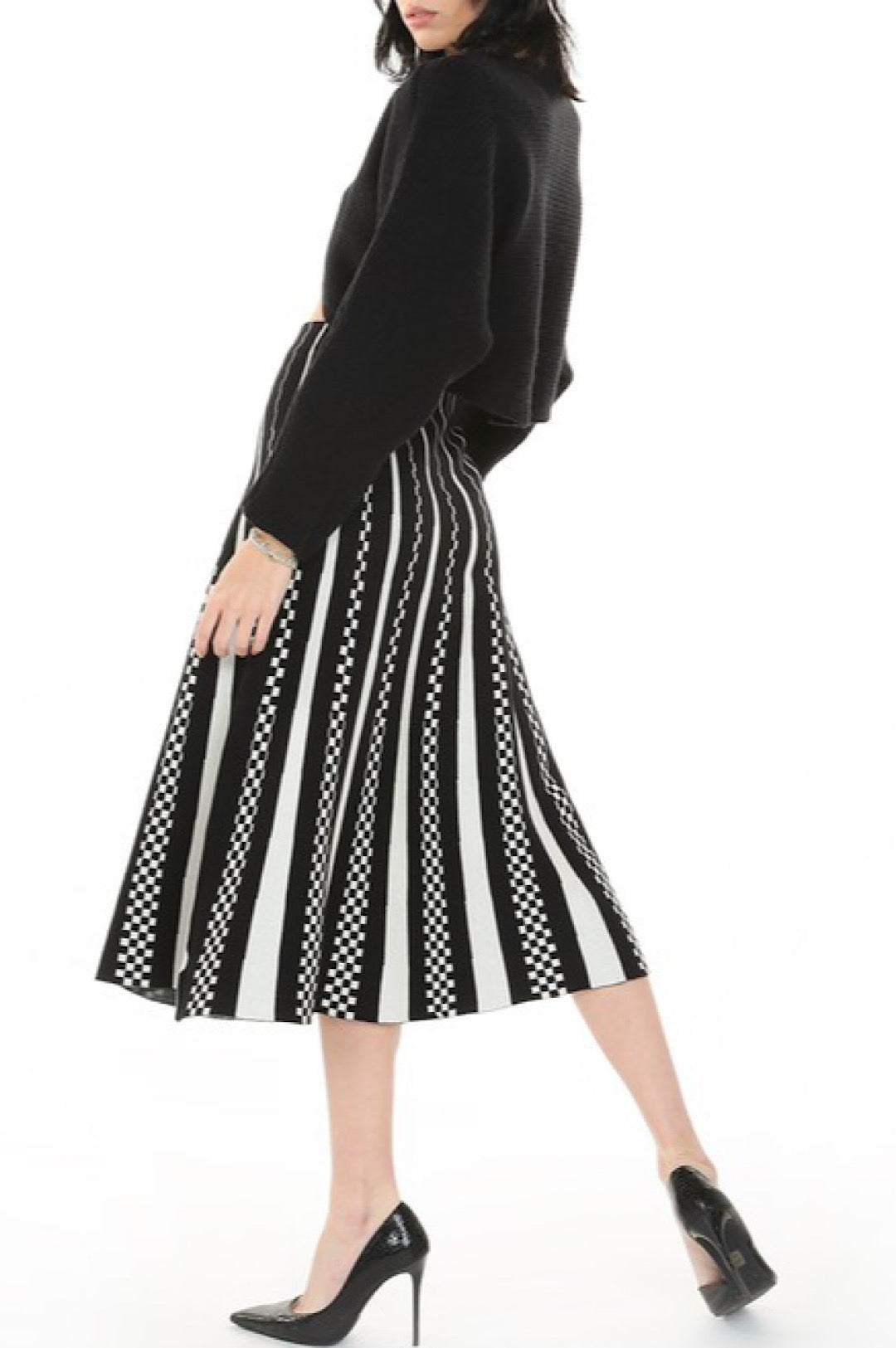 Black White Pleated Knit Skirt (7956283424942)