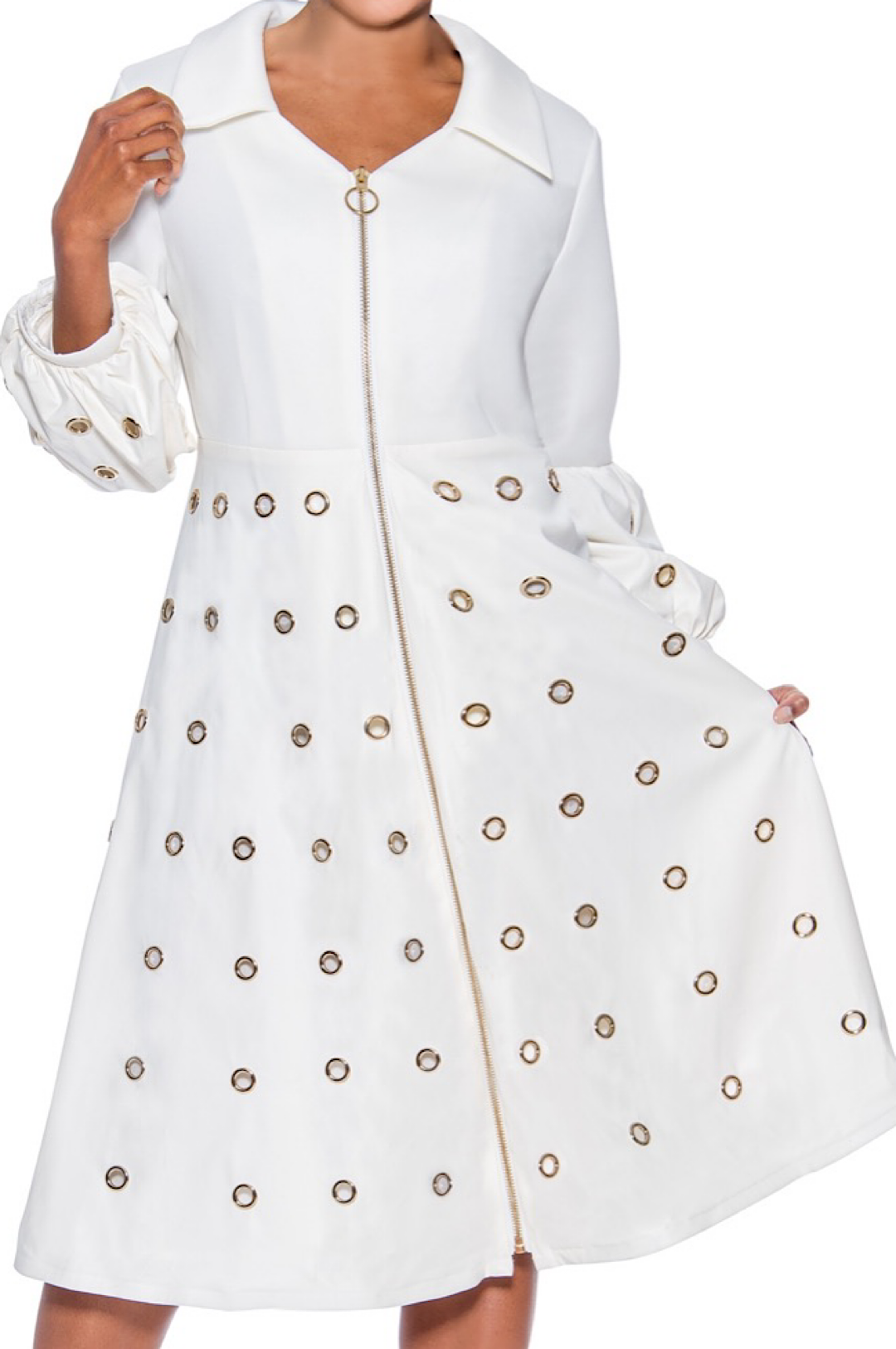 Winter White Faux Leather Gold Grommet Dress (7851350589614)