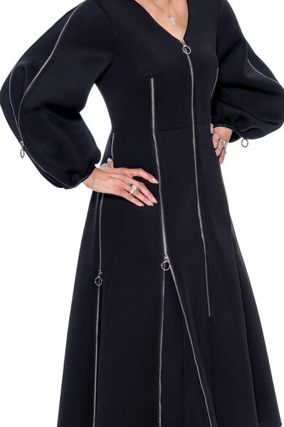 Black Full Sleeve Zipper Detail Dress (7851351310510)