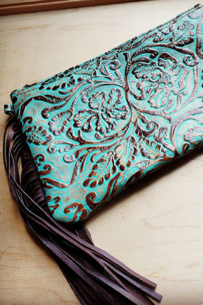Turquoise Green Brown Embossed Leather Clutch Handbag (7750002049198)