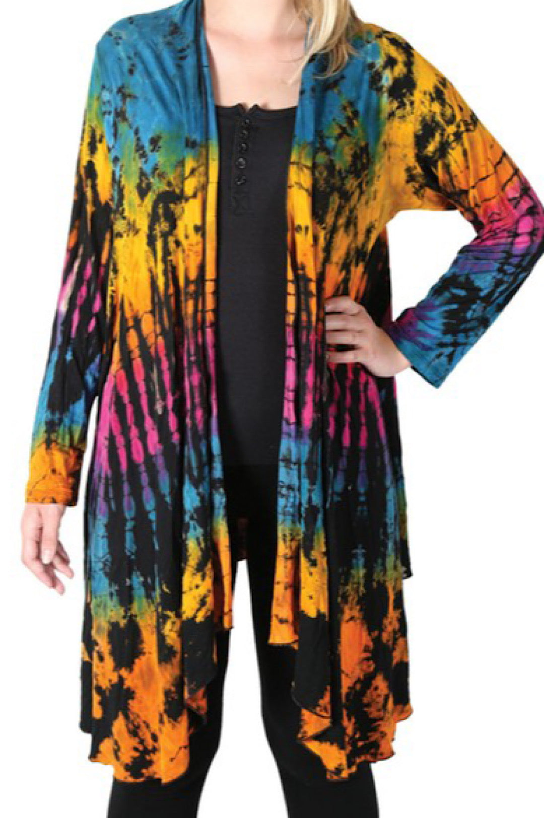 Black Rainbow Tie Dye Open Front Jacket (7951576760494)