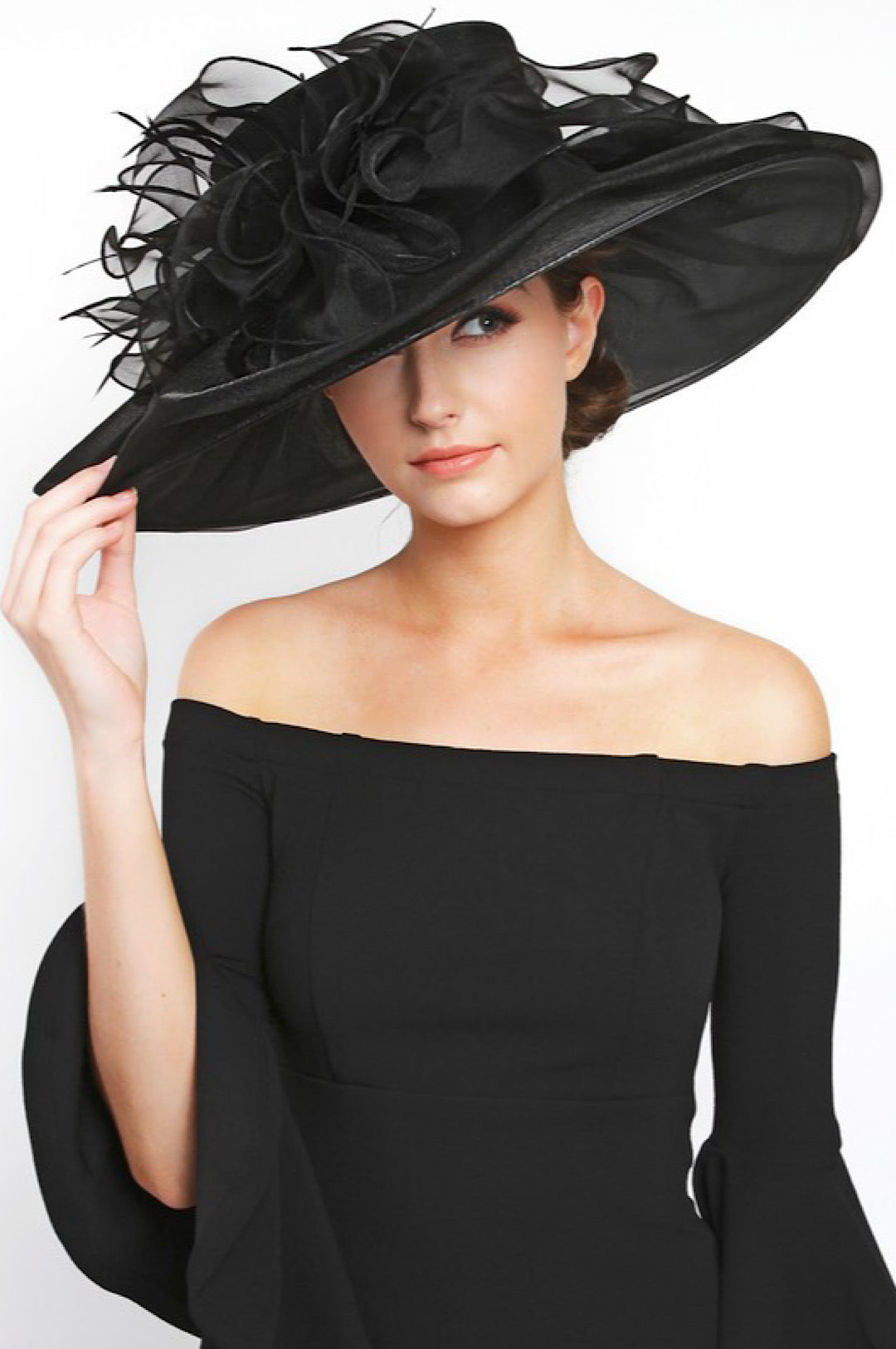 Black Feather Floral Detail Organza Wide Brim Hat (7911762952366)