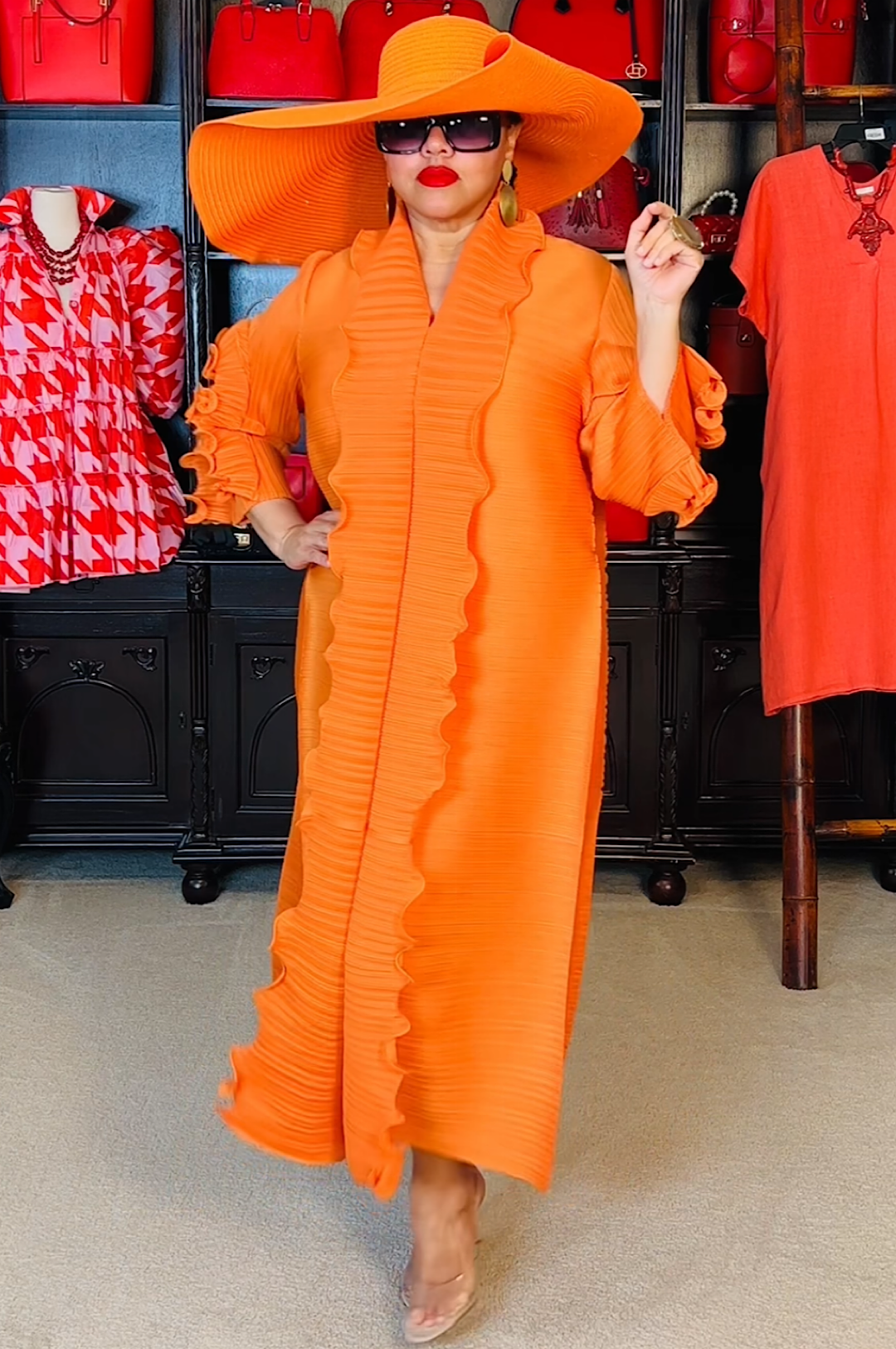 Orange Front Ruffle Long Dress (7961140887726)